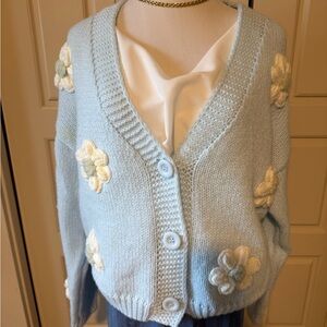 Dreamers Pale Blue Floral Appliqué V-Neck Cardigan NEW